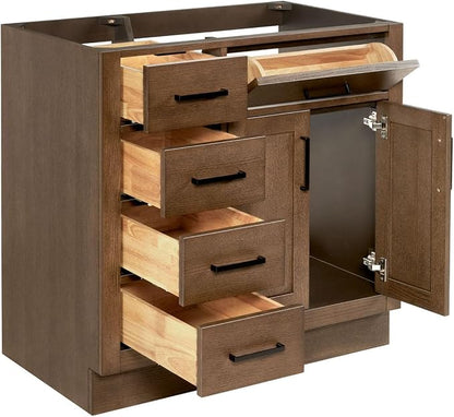 ARIEL Hepburn 36-inch Bathroom Vanity Base Cabinet,Solid Wood, 2 Soft Closing Doors, 5 Dovetail Drawers, Brown Oak