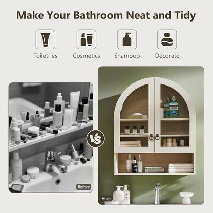 IFGET Bathroom Arched Wall Cabinet, 23.6'' Wide Medicine Cabinet with Adjustable Shelves & Acrylic Glass Doors, Over The Toilet Storage Wall Mount Cabinet for Laundry Room,Kitchen & Living Room, Cream