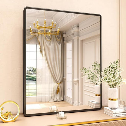 pertetey 40 x 32 in Rounded Rectangle Bathroom Mirror | Black Metal Frame, Tempered Glass, Wall Mounted