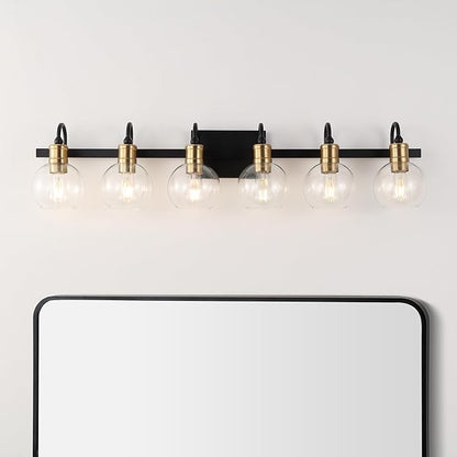 JONATHAN Y 44.25" Black/Brass Gold Vintage Wall Sconce, LED Vanity Light for Bathroom Bedroom Entryway, Clear Glass Globe Shade, Modern Industrial Arched Lamp, LED Bulb Included (JYL3557A)