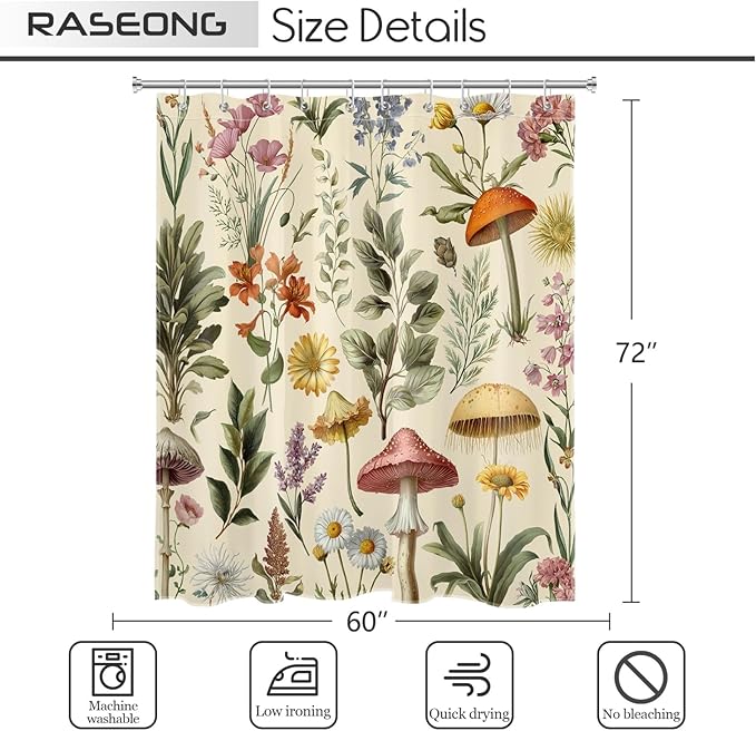 Retro Mushroom Floral Shower Curtain for Bathroom, Boho Botanical Witchy Bathroom Curtains Set Farmhouse Wildflower Aesthetics Shower Curtain with Hooks, 60W X 72L Inches