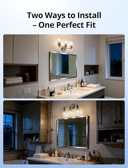 3-Light Brushed Nickel Bathroom Vanity Light, Farmhouse Wall Sconce | 17.12", Brushed Nickel Restroom Lamp, Clear Glass, Bright Makeup Lighting, above Mirror, Tool-Free E26 Bulb Swap, No Bulbs
