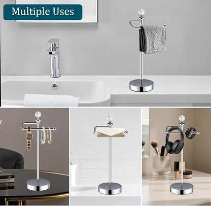 ROLABAM Heavy Weighted Hand Towel Holder (with Crystal Ball) Standing Hand Towel Holder Total Height 16.54'' for Kitchen, Bathroom, Vanity, Classic Decorative Metal Hand Towel Stand, Polished Chrome