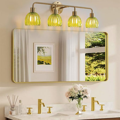 4-Light Gold Brass Bathroom Light Fixture,Wall Sconces,Brushed Gold Vanlity Light Over Mirror,Bathroom Vanity Light with Green Glass Flower Shade,E26 Socket(Bulbs Not Included)