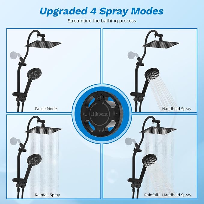 Hibbent High Pressue All Metal 8" Rainfall Shower Head, Handheld 10-Spray | cUPC Certified Matte Black Dual Showerhead Combo, 4-way Diverter with Pause Mode, Brass Extension Arm, 71'' Hose & Holder
