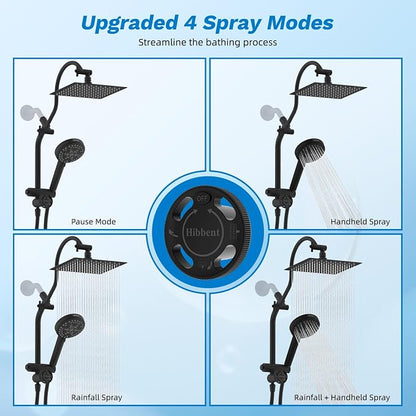 Hibbent High Pressue All Metal 8" Rainfall Shower Head, Handheld 10-Spray | cUPC Certified Matte Black Dual Showerhead Combo, 4-way Diverter with Pause Mode, Brass Extension Arm, 71'' Hose & Holder