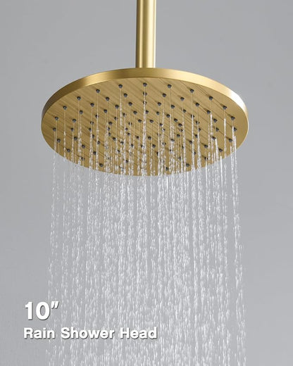 Iriber Brushed Gold Shower head with Handheld,8"+10" Rain Shower Faucet Set | 10 Inch Ceiling +8 Inch Wall Mount Dual Shower Heads,Push Button Diverter Shower System,Pressure Balance Valve