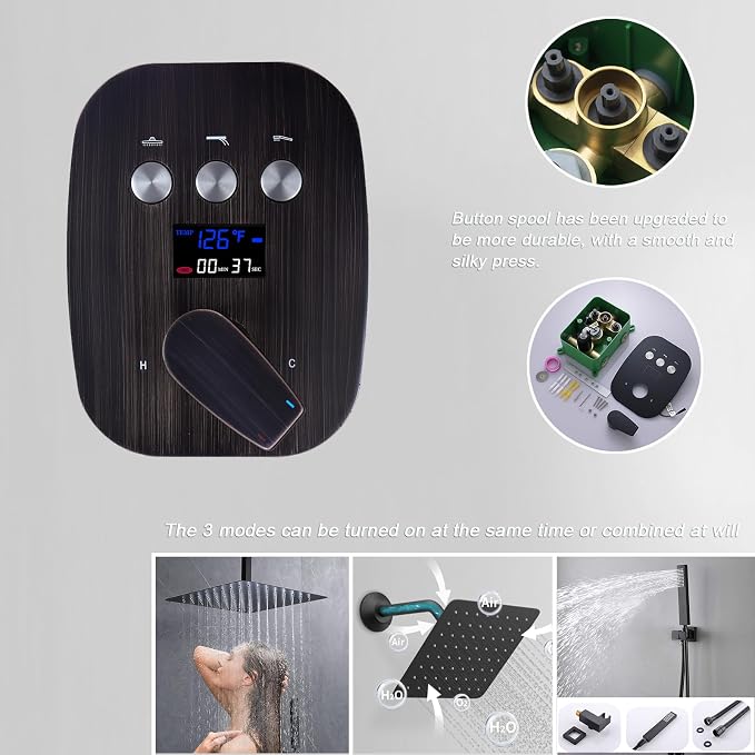 Oil Rubbed Bronze Shower System with 2 Rain Shower Head(12+8 inch), Handheld Shower, with Digital Temperature Display Function