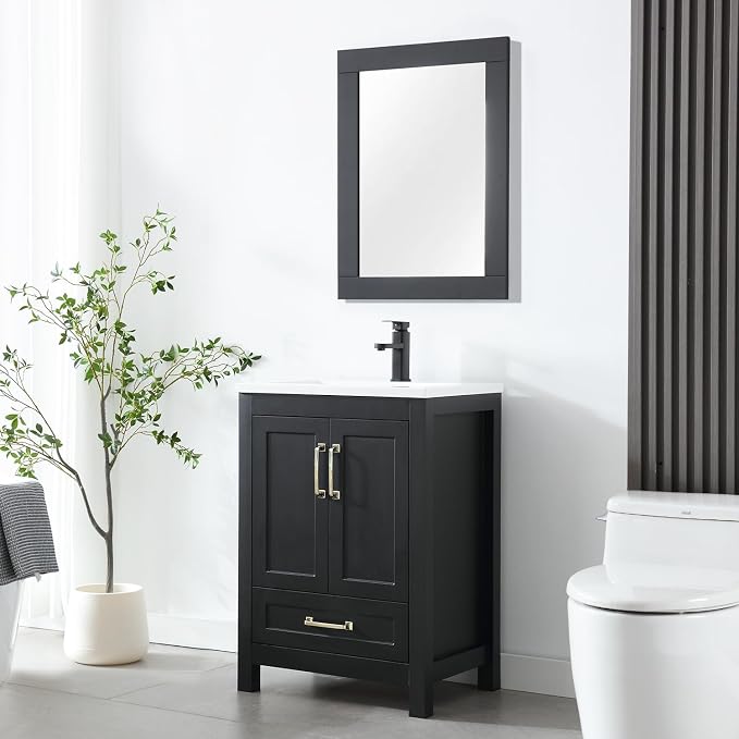 LUCKWIND 24" Bathroom Vanity and Sink Combos, Modern Bathroom Storage Painted Cabinet with Undercounter Ceramic Single Sink Top, Matte Black Faucet and Drawer, Mirror Not Included, Black