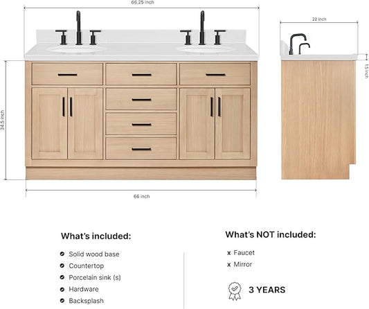 ARIEL Hepburn 66-inch Bathroom Vanity with Sink,Solid Wood, 1.5-inch Carrara White Quartz Countertop & Backsplash, Double Oval Porcelain Sink, 4 Soft Closing Doors, 6 Dovetail Drawers, White Oak