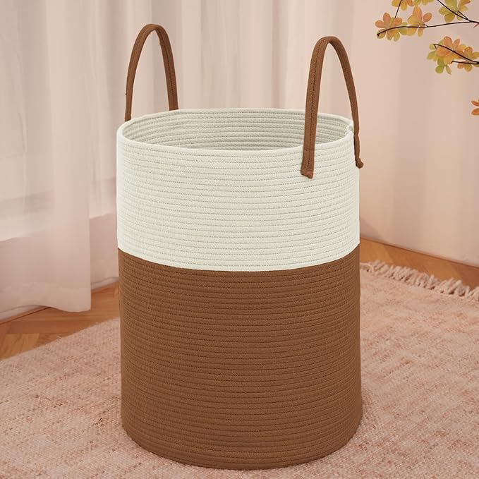 JMvicyroam 60L Cotton Rope Laundry Basket Hamper, White and Brown | Collapsible laundry basket, reinforced handles, freestanding, machine washable, holds 3-5 thick blankets, clothes or toys