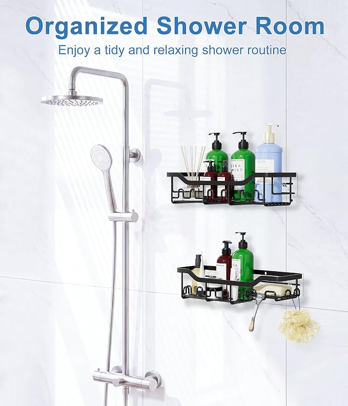 Shower Caddy Adhesive Bathroom Shelf, 2-Pack Rustproof Shower Organizer with Soap Holder, Wall Mounted Shelves for Large Storage with 16 Hooks