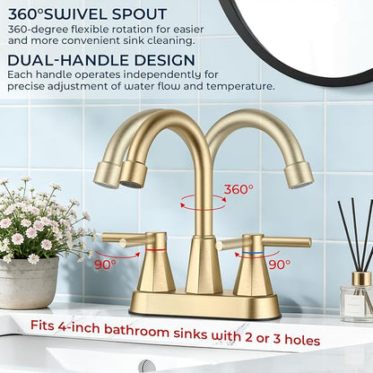 Bathroom Sink Faucet Brushed Gold, 2-Handle 4-inch Centerset Faucet | Lead-free stainless steel, pop-up drain included, Detachable faucet aerator, 360°swivel spout, for vanity sink 3-hole mount