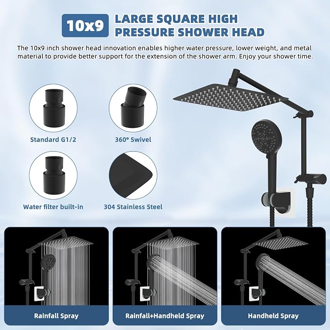 Metal 10" Rain Shower Head with Handheld, High-Pressure Showerhead,10-Mode | Black, Rainfall Shower Head with 5" Large Handheld Spray, Adjustable 16" Shower Extension Arm/71" Hose, Brass 3-Way Diverter