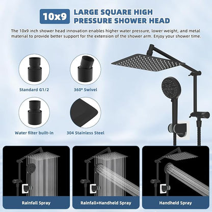 Metal 10" Rain Shower Head with Handheld, High-Pressure Showerhead,10-Mode | Black, Rainfall Shower Head with 5" Large Handheld Spray, Adjustable 16" Shower Extension Arm/71" Hose, Brass 3-Way Diverter