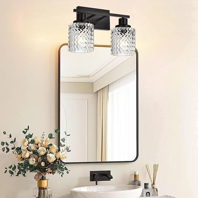MELUCEE 2-Light Wall Sconce Lighting with Hammered Glass Shade | Industrial Black Bathroom Lights Over Mirror, Modern Vanity Lighting Fixtures for Porch Entryway Stair