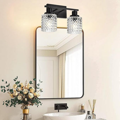MELUCEE 2-Light Wall Sconce Lighting with Hammered Glass Shade | Industrial Black Bathroom Lights Over Mirror, Modern Vanity Lighting Fixtures for Porch Entryway Stair