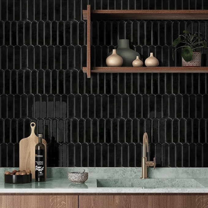 Commomy Thicker Black Peel and Stick Backsplash - 10 pcs of 12" x 12" - 3D Adhesive Peel and Stick Tiles Backsplash for Kitchen, Bathroom, Removable, Waterproof, Vinyl Wall Tile