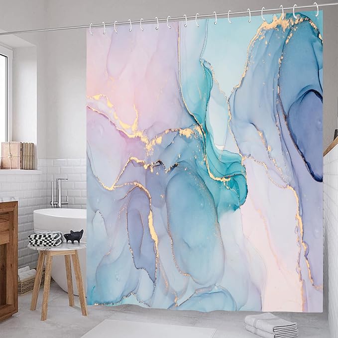 Pink Purple Marble Shower Curtain Teal Blue Abstract Modern Ink Art Colorful Bathroom Curtains Waterproof Polyester Fabric Bath Curtain 72 x 72 Inch with 12 Hooks