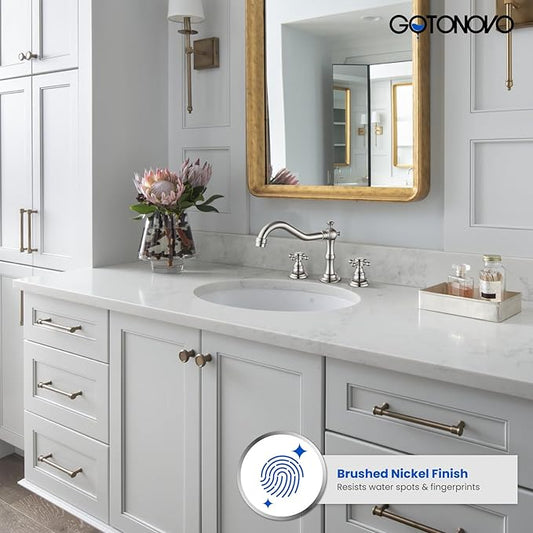 gotonovo 3 Hole Widespread Bathroom Sink Faucet Double Cross Handle Mixer Tap Faucet for Bathroom Sink Vanity Faucet Deck Mount Basin Hot Cold Water Matching Pop Up Drain Brushed Nickel