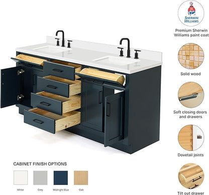 DKB Isabella 72 Inch Bathroom Vanity Double Sink — Midnight Blue Bathroom Vanity with Sink, 1.5" Edge Pure White Quartz Countertop, 4 Soft-Close Doors, 4 Dovetail Drawers, and 2 Tilt Drawers