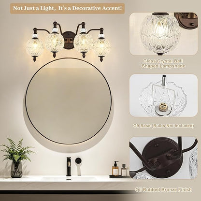 Vintage Bathroom Vanity Light, 4-Light Mid Century Oil Rubbed Bronze Finish Wall Sconce with Globe Glass Shades, Retro Mirror Light for Bathroom, Powder Room