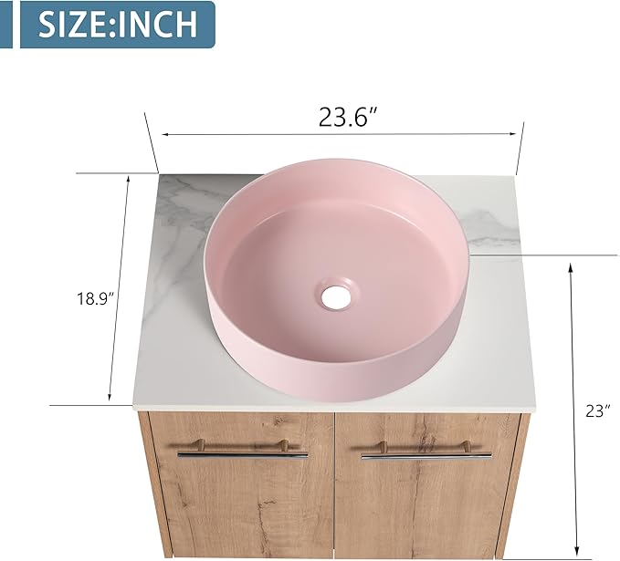 24" Floating Vanity with Sink, 24 Inch Bathroom Vanity with Sink, Modern Plywood Floating Cabinet with Sintered Stone Countertop and Pink Ceramic Basin, Soft Close Doors