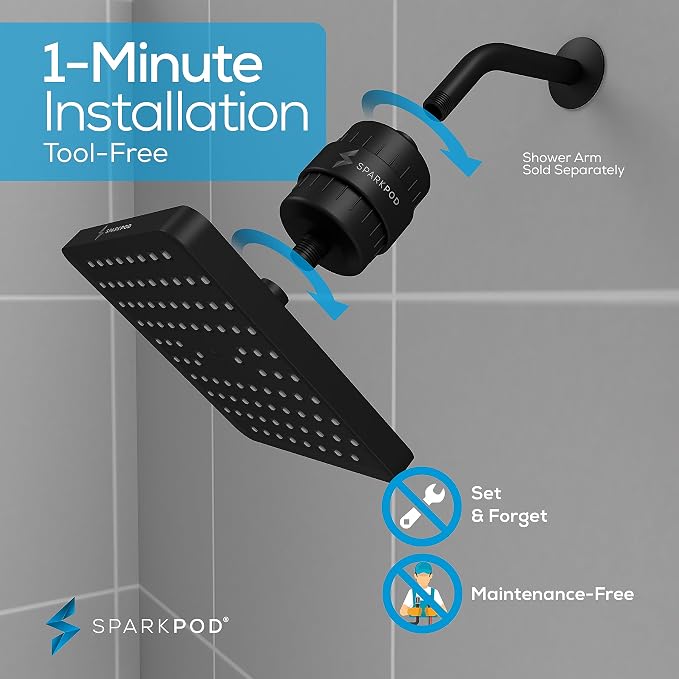 SparkPod Filtered Shower Head, 23-Stage, 8" Square, Black Matte | Showerhead for Hard Water, High Pressure, Reduces Chlorine, Heavy Metals, For Dry Skin & Hair, Removable Capsule Filter