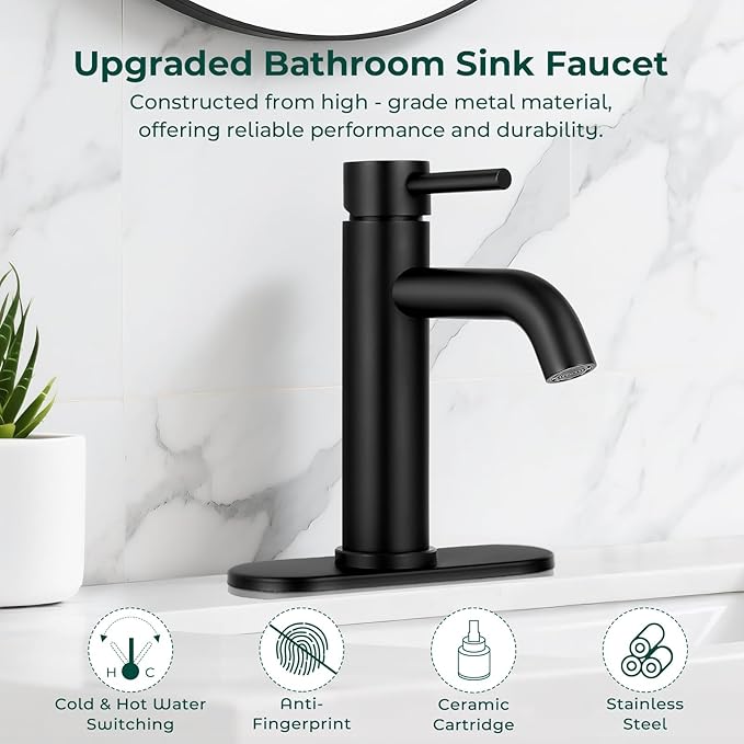 Matte Black Bathroom Faucets, Modern Bathroom Sink Faucet Single Handle Bathroom Faucet for 1 or 3 Hole, Mixer Tap Vanity Faucet with Deck Plate, Pop-up Drain and Supply Hoses