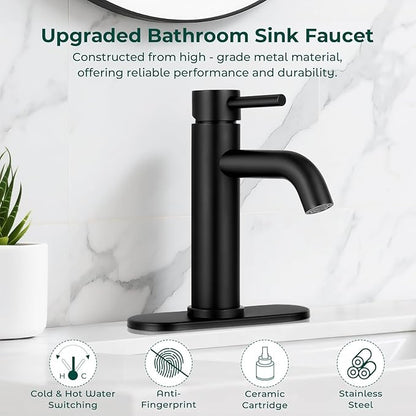 Matte Black Bathroom Faucets, Modern Bathroom Sink Faucet Single Handle Bathroom Faucet for 1 or 3 Hole, Mixer Tap Vanity Faucet with Deck Plate, Pop-up Drain and Supply Hoses