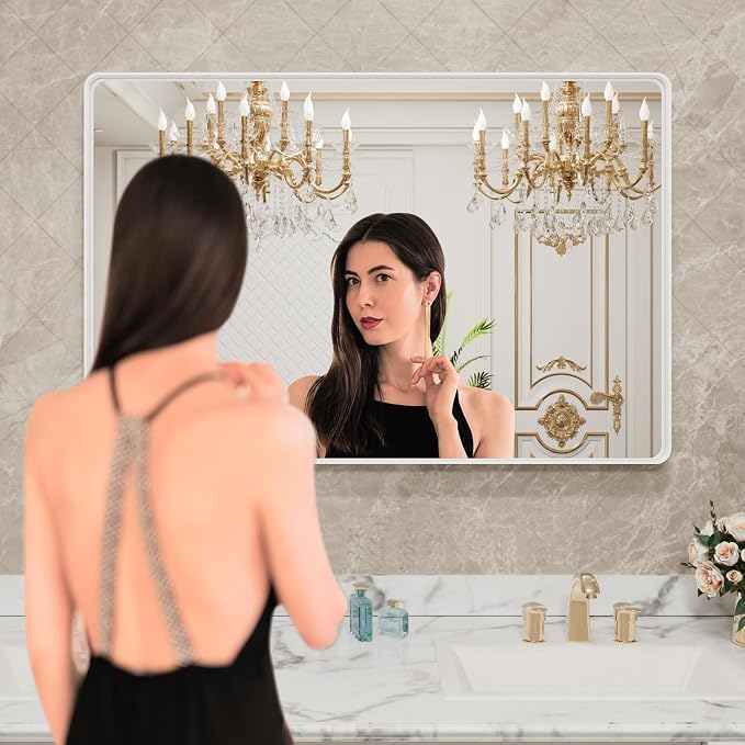 LOAAO 48x36 Inch White Metal Framed Bathroom Mirror | Rounded Rectangle, Anti-Rust, Tempered Glass, Hangs Horizontally or Vertically