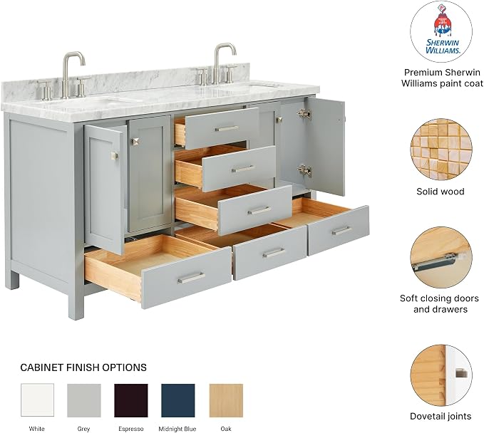 Beckford 66" Grey Double Bathroom Vanity with Sink, 1.5" Edge Italian Carrara Marble Countertop, 2 Rectangular Undermount Sinks, 4 Soft Closing Doors, 6 Dovetail Drawers, Brushed Nickel