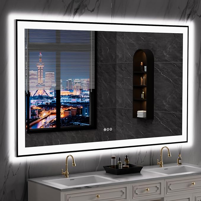 LOAAO 60"X36" LED Bathroom Mirror Black Framed | Anti-Fog, Dimmable, Memory Function, Tempered Glass, Lighted Vanity Mirror for Wall