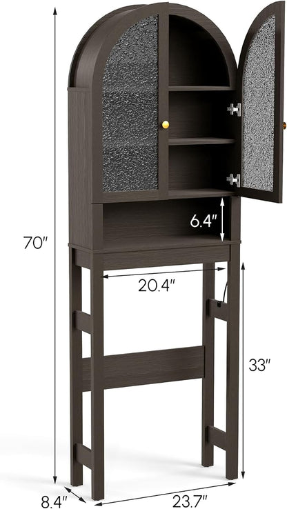 HMstone Over The Toilet Storage Cabinet, Arched Bathroom Organizer and Storage with Acrylic Doors and Adjustable Shelf, Space Saver Freestanding Bathroom Modern Storage Cabinet Over Toilet Dark Brown