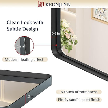 Keonjinn Black Bathroom Mirror for Over Sink, 32 x 36 Inch Rounded Rectangle Bathroom Vanity Mirrors, Matte Black Farmhouse Wall Mirror, Shatterproof HD Tempered Glass, Seamless Aluminum Alloy Frame