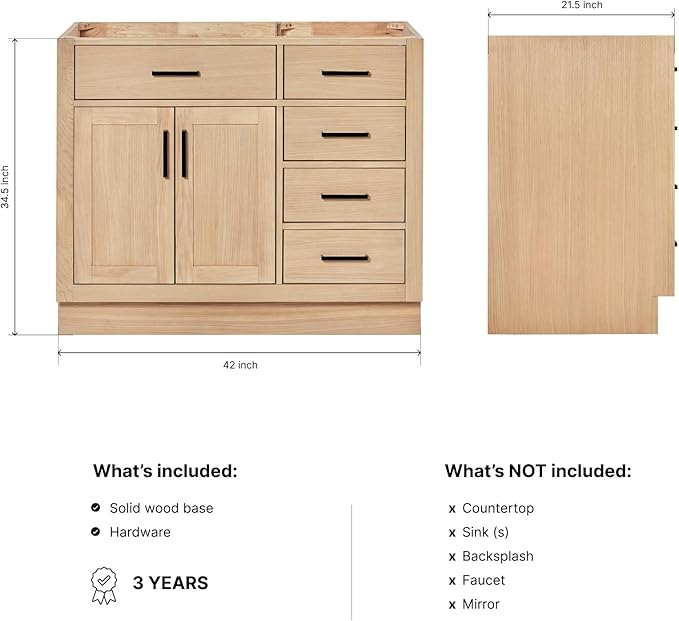 ARIEL Hepburn 42-inch Bathroom Vanity Base Cabinet,Solid Wood, 2 Soft Closing Doors, 5 Dovetail Drawers, White Oak