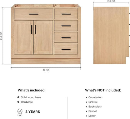 ARIEL Hepburn 42-inch Bathroom Vanity Base Cabinet,Solid Wood, 2 Soft Closing Doors, 5 Dovetail Drawers, White Oak