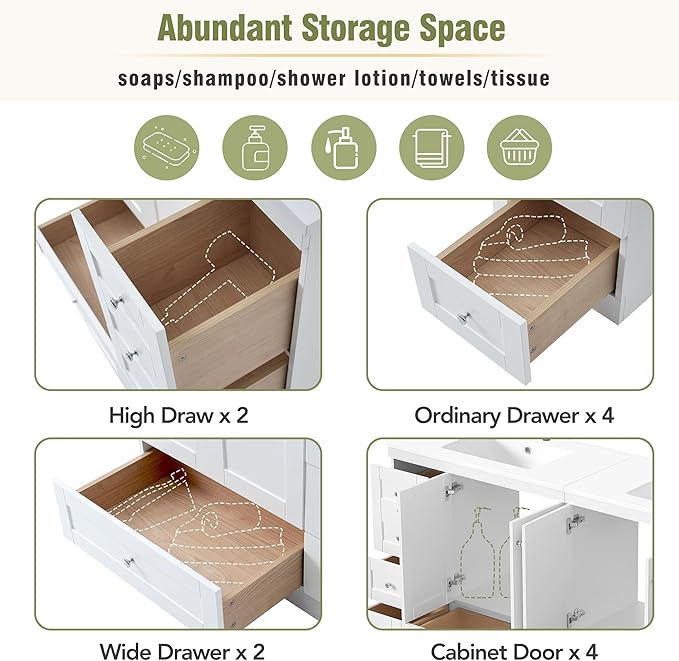 Harper & Bright Designs 72" Bathroom Vanity Set with Double Sink, Vanity Cabinet with 4 Cabinet Doors and 8 Drawers, Modern Design Solid Wood Bathroom Cabinet with Ceramic Basin for Bathroom, White