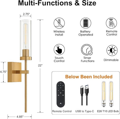 Wireless Wall Sconces with Remote Control, Brushed Gold Battery Operated Wall Sconce Set of 2, Dimmable Rechargeable Wall Decor Lights for Living room Dining room Bathroom Bedroom Hallway Stairwell