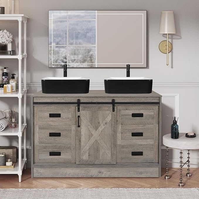48” Barn Door Bathroom Vanity with 6 Drawers, Farmhouse Style Standing Pedestal Cabinet with Two Black and White Ceramic Sinks