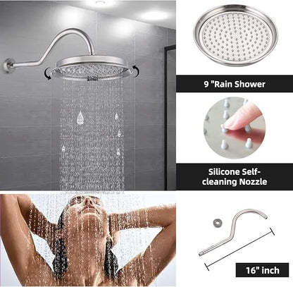 All Metal Thermostatic Shower System Backnets 9 Inch Shower Faucet Set with Rain Shower Head and Body Jets for Bathroom, Rough-in Valve Body and Trim kit Include, Brushed Nickel
