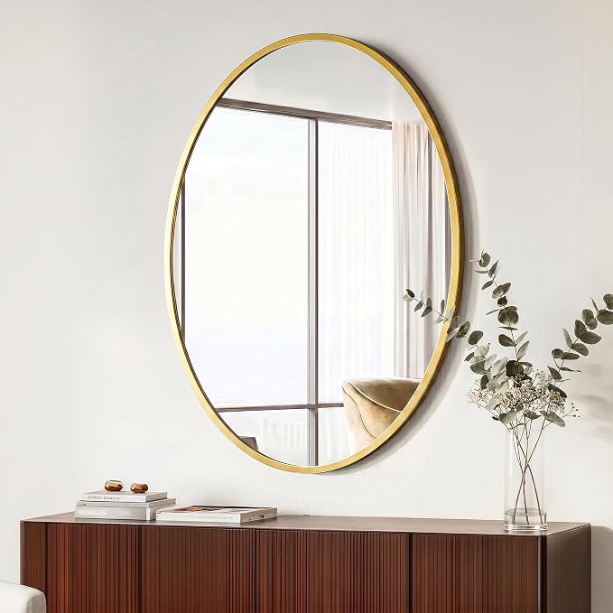 Oval Bathroom Mirror for Wall, 24"x32" Gold Bathroom Vanity Mirror | HD Shatterproof Glass, Metal Framed, Oval Vanity Mirrors for Bathroom, Bedroom, Living Room, Entryway, Horizontal or Vertical