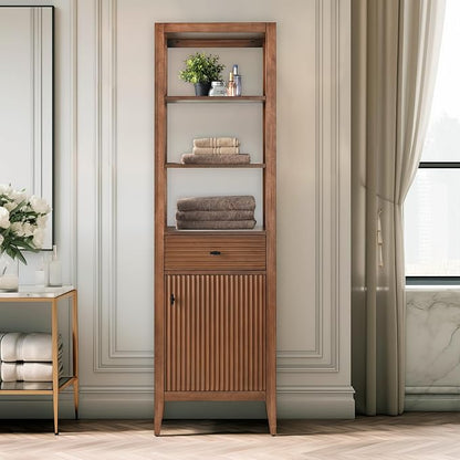 Vanity Art Walnut Vanity with Storage Cabinet & Shelves, Free-Standing Vanity with Soft-Closing Doors, Walnut, VA91-LC-Walnut-MB,Matte Black Handles