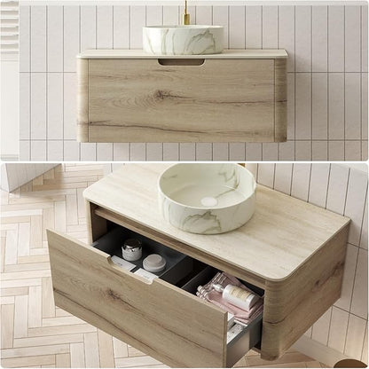 Bathroom Vanity with Sink, 36" Wall-Mounted Bathroom Storage Cabinet with Round Ceramic Basin & Soft-Close Undermount Drawer, Modern Pre-assembled Floating Vanity with Curved Design, White Oak