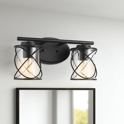 2-Lights Vanity Lights, Matte Black Farmhouse Wall Lights with Clear Glass Shade, Over Mirror Vanity Light, Kitchen Bedroom Bathroom Wall Lamp