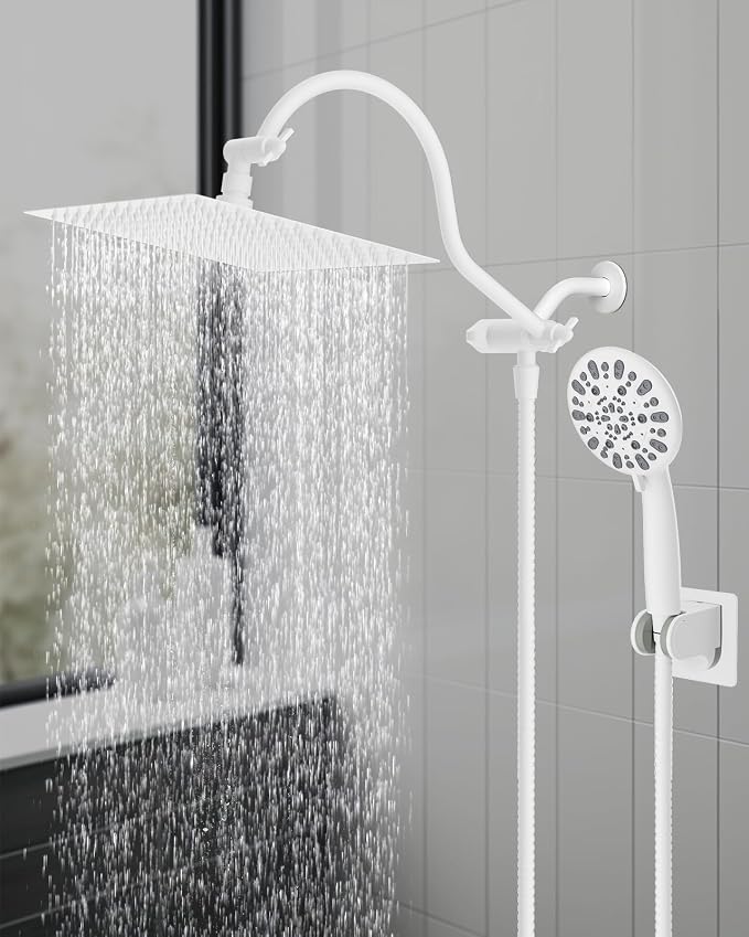Hibbent All Metal High Pressure Rainfall 10'' Shower Head, Handheld Showerhead Combo, 12'' Adjustable Shower Extension Arm, 7-Spray, 71'' Hose, Adhesive Showerhead Holder, White