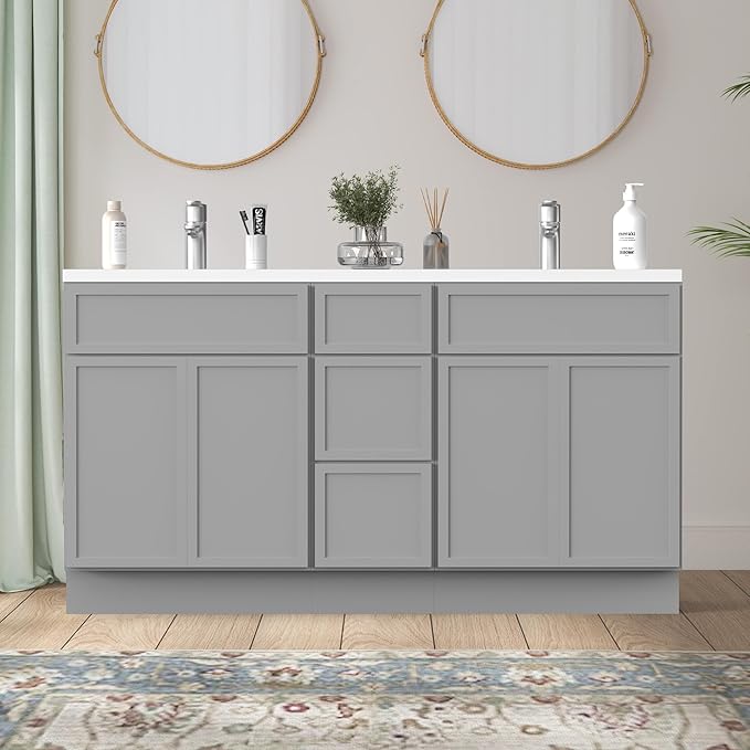 HomeBeyond 60 Inches Bathroom Vanity Base Cabinet Without Sink, Double Sink Top Sturdy Floor Mounted Cabinet with Door & Soft Closing Drawers,Grey, VA4124-2+VA4112-3