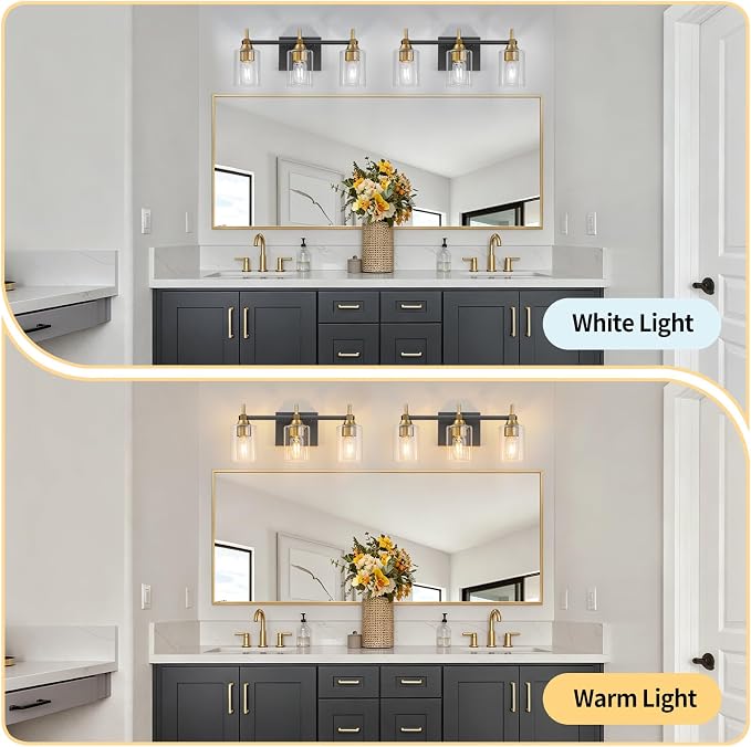 3-Light Modern Bathroom Vanity Light,Black and Gold Light Fixtures for Bathroom,Modern Wall Light Over Mirror with Glass E26 Socket (Bulbs Not Included)