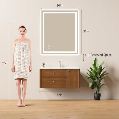 30x36 LED Bathroom Mirror with Lights - Dimmable, Anti-Fog, 3 Color Backlit & Front Lit Mirror for Bathroom, Shatter-Proof Tempered Glass, Easy Installation