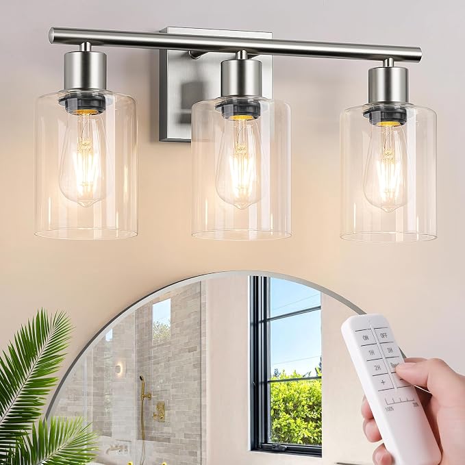 Battery Operated Wall Sconce, 3-Light Dimmable Rechargeable Vanity Light Fixture with Remote & Bulbs, 3-Light Silver Wireless Indoor Non-Hardwired Wall Lamp for Bedroom, Living Room, Cabinet, Porch